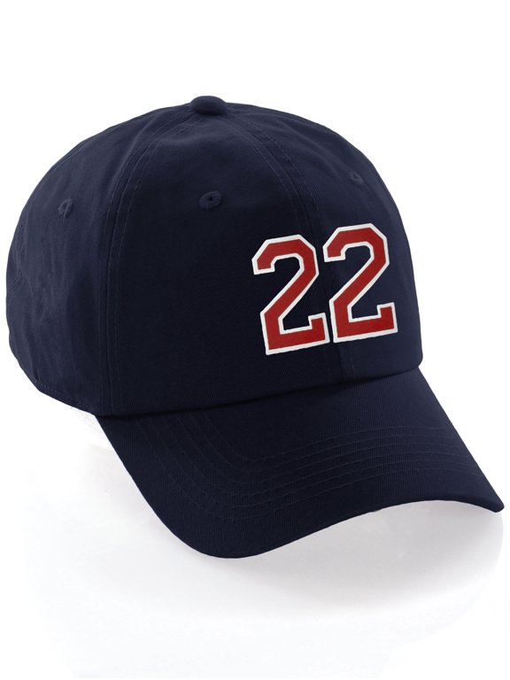 Customized Number Hat 00 to 99 Team Colors Baseball Cap, Navy Hat White Red Number 22