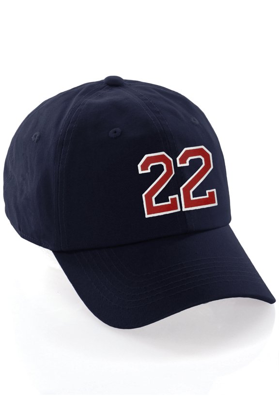 Customized Number Hat 00 to 99 Team Colors Baseball Cap, Navy Hat White Red Number 22