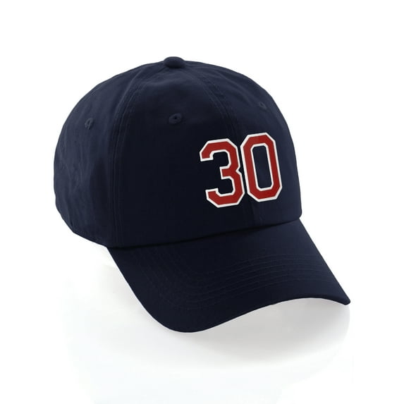 Customized Number Hat 00 to 99 Team Colors Baseball Cap, Navy Hat White Red Number 30