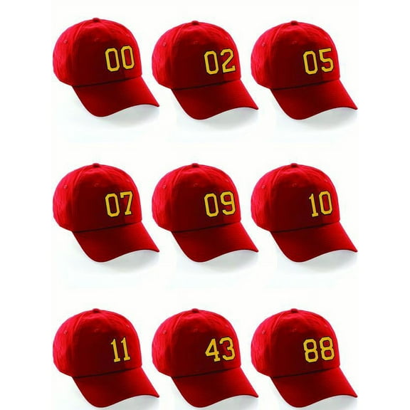 Customized Number Hat 00 to 99 Team Colors Baseball Cap, Red Hat Black Gold Custom