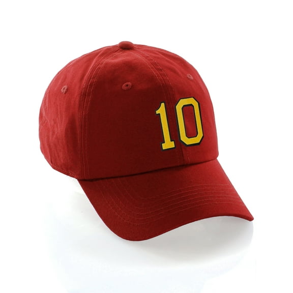 Customized Number Hat 00 to 99 Team Colors Baseball Cap, Red Hat Black Gold Number 10