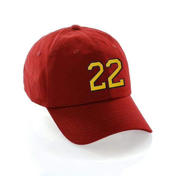 Customized Number Hat 00 to 99 Team Colors Baseball Cap, Red Hat Black Gold Number 22
