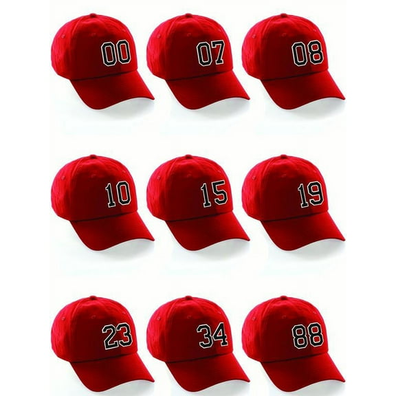 Customized Number Hat 00 to 99 Team Colors Baseball Cap, Red Hat White Black Custom