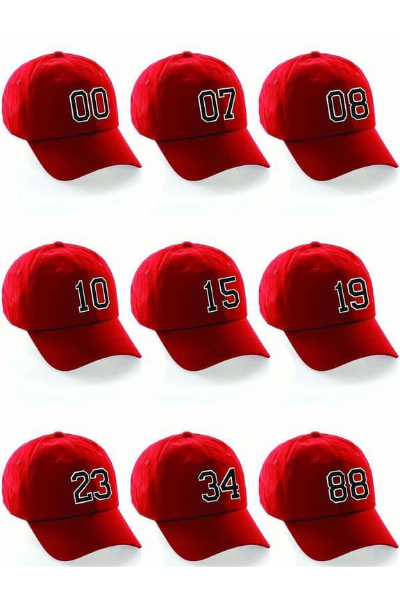 Customized Number Hat 00 to 99 Team Colors Baseball Cap, Red Hat White Black Custom