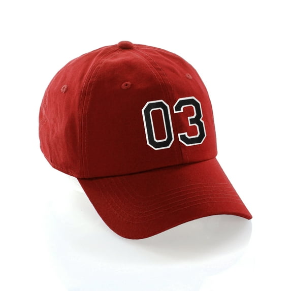 Customized Number Hat 00 to 99 Team Colors Baseball Cap, Red Hat White Black Number 03