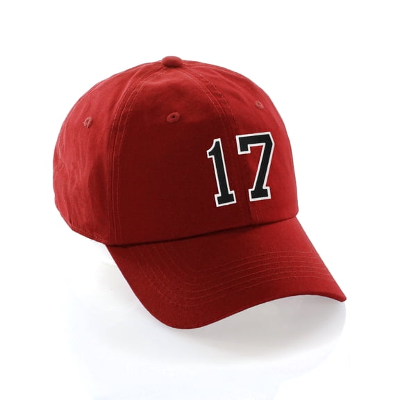 Customized Number Hat 00 to 99 Team Colors Baseball Cap, Red Hat White Black Number 17