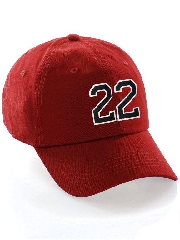 Customized Number Hat 00 to 99 Team Colors Baseball Cap, Red Hat White Black Number 22