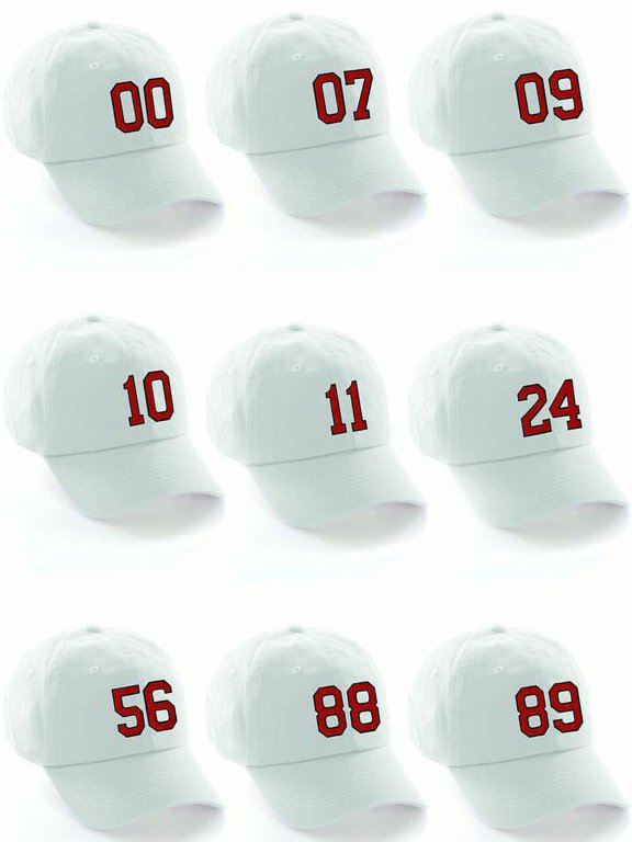 Customized Number Hat 00 to 99 Team Colors Baseball Cap, White Hat Black Red Custom