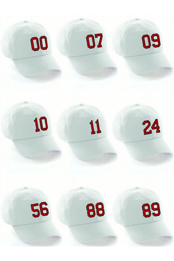 Customized Number Hat 00 to 99 Team Colors Baseball Cap, White Hat Black Red Custom