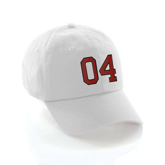 Customized Number Hat 00 to 99 Team Colors Baseball Cap, White Hat Black Red Number 04