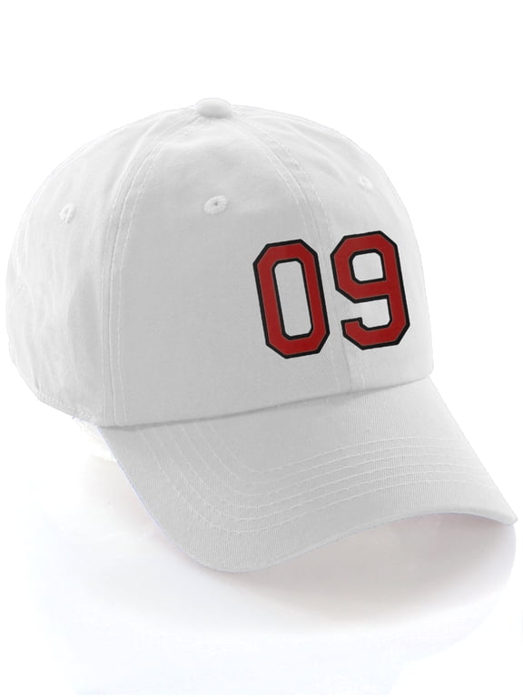 Customized Number Hat 00 to 99 Team Colors Baseball Cap, White Hat Black Red Number 09