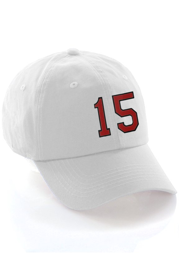 Customized Number Hat 00 to 99 Team Colors Baseball Cap, White Hat Black Red Number 15