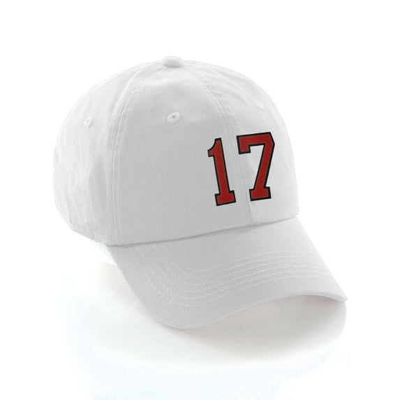 Customized Number Hat 00 to 99 Team Colors Baseball Cap, White Hat Black Red Number 17