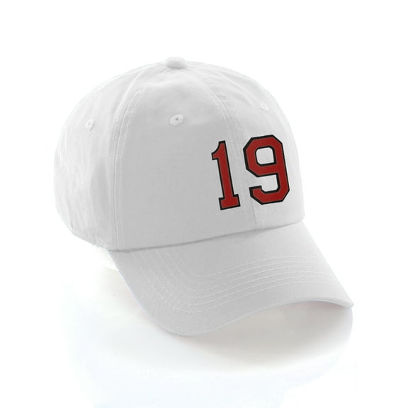 Customized Number Hat 00 to 99 Team Colors Baseball Cap, White Hat Black Red Number 19