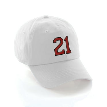 Customized Number Hat 00 to 99 Team Colors Baseball Cap, White Hat Black Red Number 21