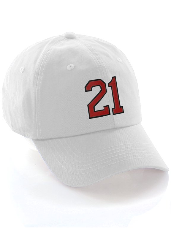 Customized Number Hat 00 to 99 Team Colors Baseball Cap, White Hat Black Red Number 21