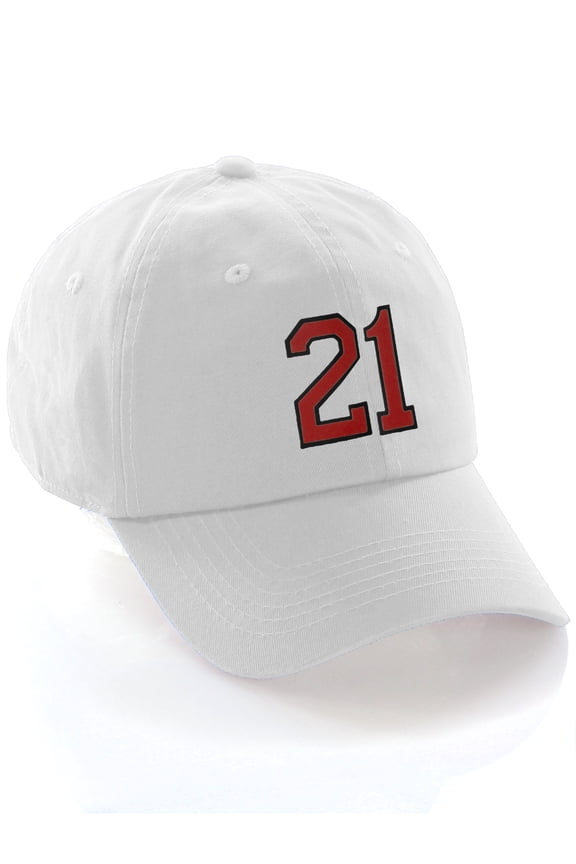 Customized Number Hat 00 to 99 Team Colors Baseball Cap, White Hat Black Red Number 21
