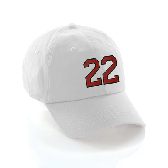 Customized Number Hat 00 to 99 Team Colors Baseball Cap, White Hat Black Red Number 22