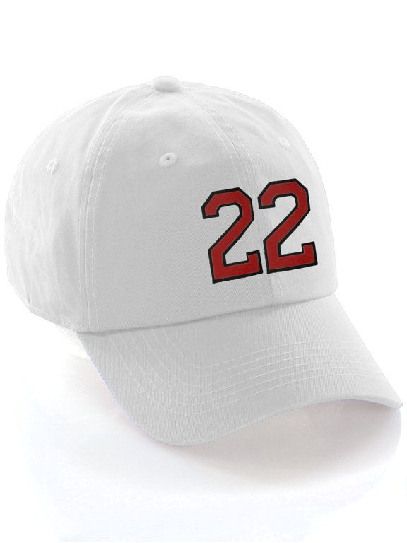 Customized Number Hat 00 to 99 Team Colors Baseball Cap, White Hat Black Red Number 22