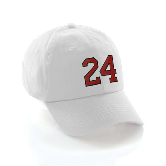 Customized Number Hat 00 to 99 Team Colors Baseball Cap, White Hat Black Red Number 24