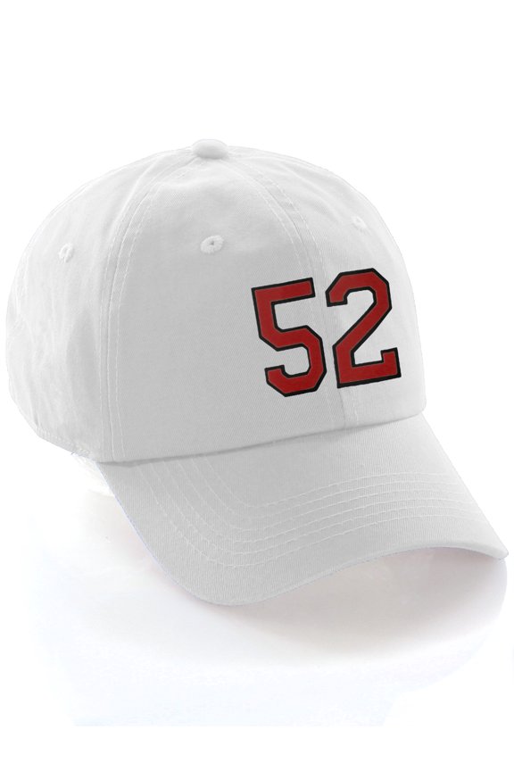 Customized Number Hat 00 to 99 Team Colors Baseball Cap, White Hat Black Red Number 52