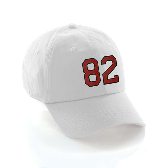 Customized Number Hat 00 to 99 Team Colors Baseball Cap, White Hat Black Red Number 82
