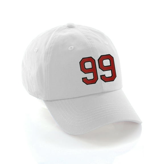 Customized Number Hat 00 to 99 Team Colors Baseball Cap, White Hat Black Red Number 99