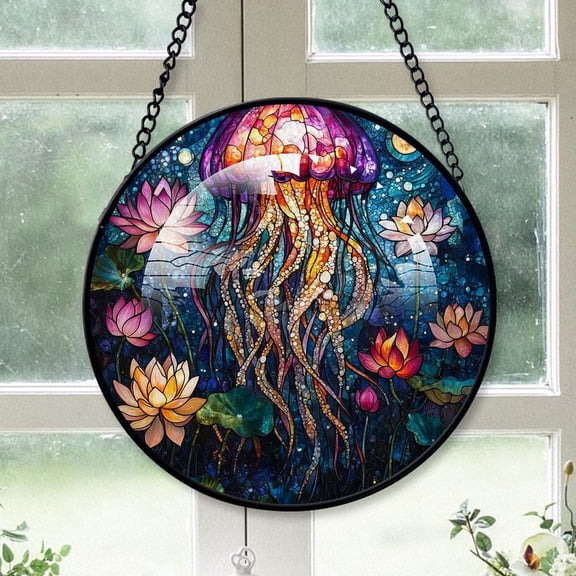 Customized Ocean Jellyfish Stained Glass Window Hangings, Ocean Jellyfish Colorful Glass Panel Pretty Gifts, Ocean Jellyfish Decoration for Home Garden Christmas Ivkoxy (Fish 6)