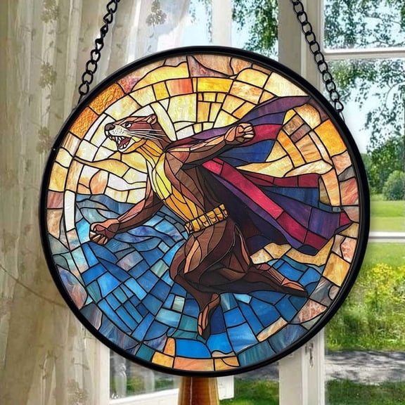 Customized Otter Superhero in Action Suncatcher Stained Glass Window Hangings Sun Catchers Colorful Ornament Gifts for Women Mom Wife Christmas Halloween Housewarming, Stained