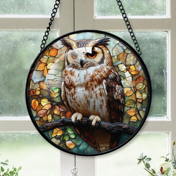 Customized Owl Stained Glass, Owl Glass Panel Sun Catchers Pretty Gifts, Owl Decoration for Home Garden Christmas Party Wedding KxJ5AM