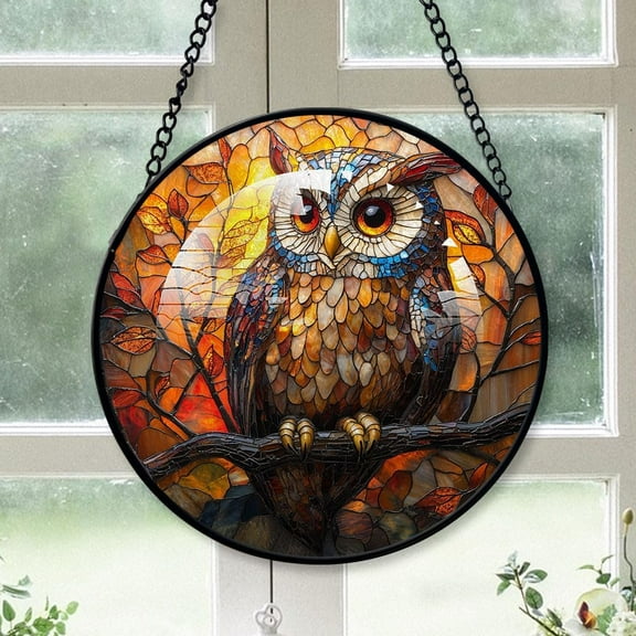 Customized Owl Stained Glass, Owl Glass Panel Sun Catchers Pretty Gifts, Owl Decoration for Home Garden Christmas Party Wedding w8cUW6