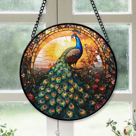 Customized Peacock Stained Glass, Peacock Glass Panel Sun Catchers Pretty Gifts, Peacock Decoration for Home Garden Christmas Party Wedding 0S6kZC
