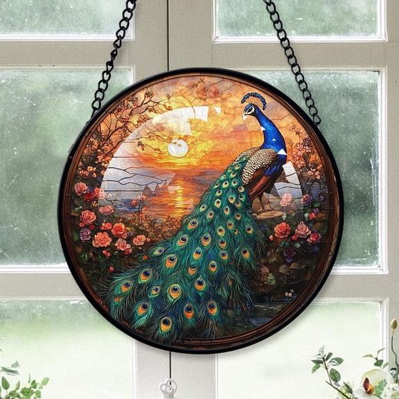 Customized Peacock Stained Glass Window Hangings, Peacock Colorful Glass Panel Pretty Gifts, Peacock Decoration for Home Garden Christmas TPybnK