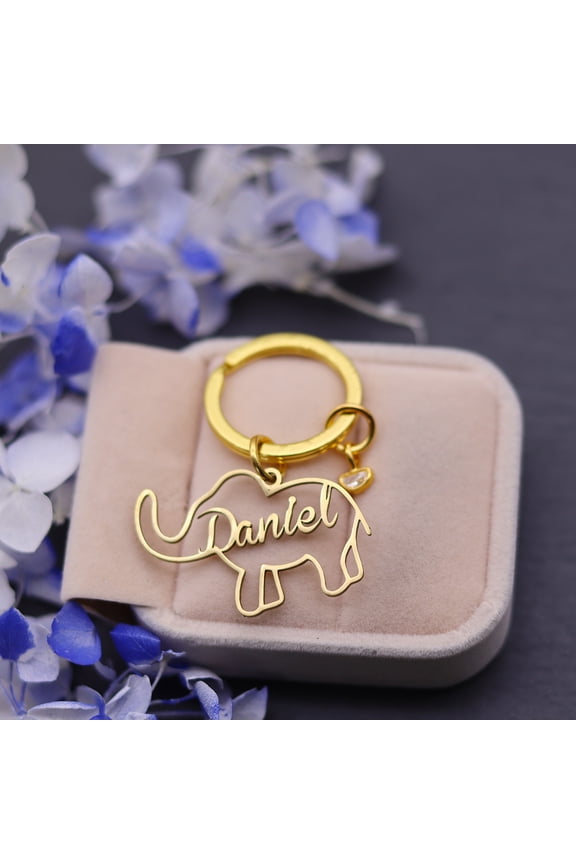 Customized Personalized Birthstone Animal Keychain Custom Number Name Elephant Stainless Steel Nameplate Keyring Birthday Gifts