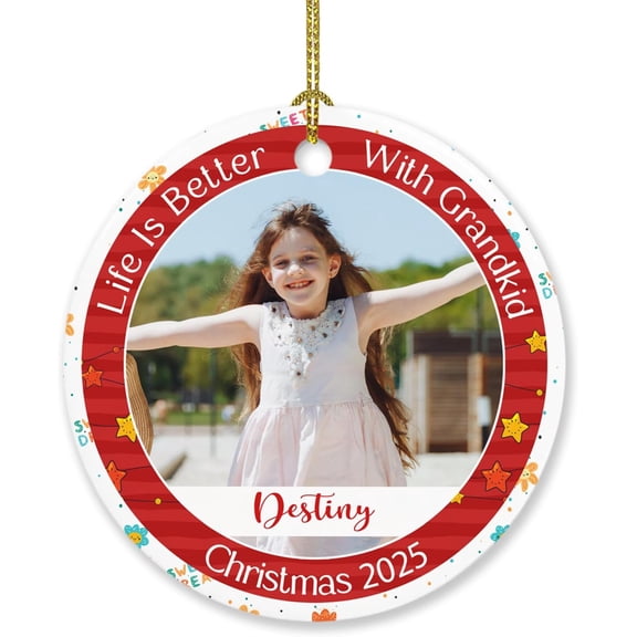 Customized PhoTo Name Grandkids Christmas Ornament Gift - Personalized Picture Frame Life is Better with Grandkid Ornaments for 2025 Gift