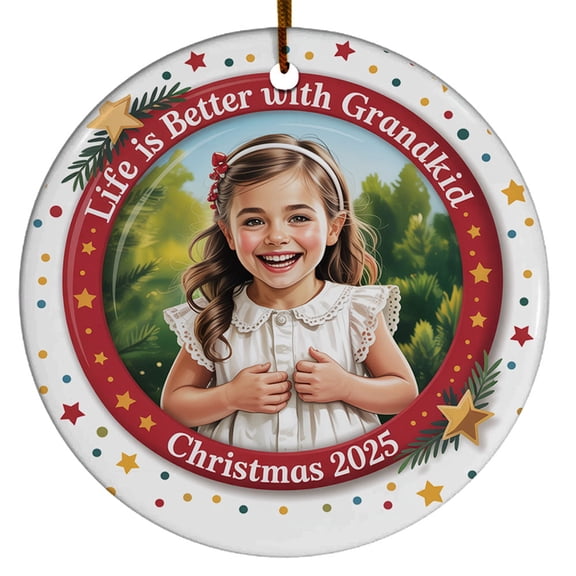 Customized Photo Name Grandkids Christmas Ornament Gift - Picture Frame Life is Better with Grandkid Ornaments for 2025, Circle Christmas Ornament, Xmas 2025 Keepsake
