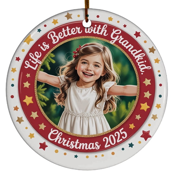 Customized Photo Name Grandkids Christmas Ornament Gift - Picture Frame Life is Better with Grandkid Ornaments for 2025, Circle Christmas Ornament, Xmas 2025 Keepsake