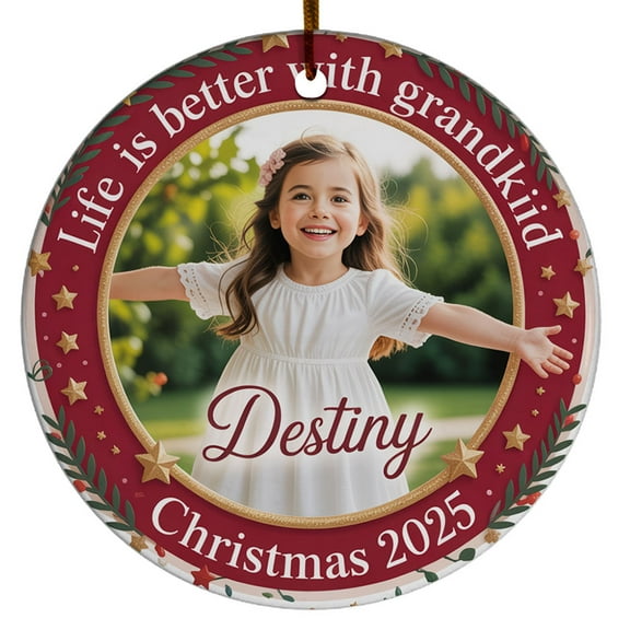 Customized Photo Name Grandkids Christmas Ornament Gift - Picture Frame Life is Better with Grandkid Ornaments for 2025, Circle Christmas Ornament