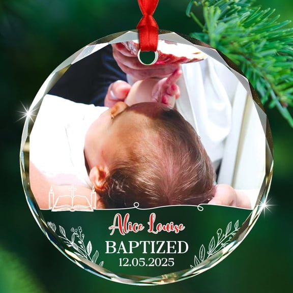 Customized Picture Date & Name Godson/Goddaughter Glass Ornament Gift for Baptism, Personalized God Bless Christening Christmas Ornaments 2025, Baptized Xmas Decor Ornament for Baby Girl Baby Boy