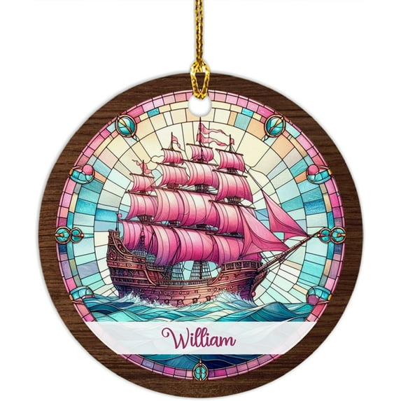 Customized Pink Ship Stained Glass Style Ornament, Personalized Pink Ship Ornament for Christmas 2025