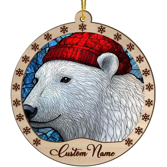 Customized Polar Bear Stained Glass Sun Catcher, Polar Bear Ornament, Polar Bear Christmas Keepsake, Polar Bear Christmas Hanging Decor. AA03Ph (Polar Bear 11)