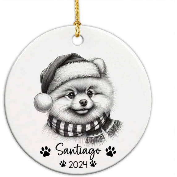 Customized Pomeranian Pencil Drawing Christmas Ornament 2025, Personalized Pomeranian with Santa Hat Ornament with Name and Year, Gifts for Pomeranian Lovers, Pomeranian Ornament 04zzm4