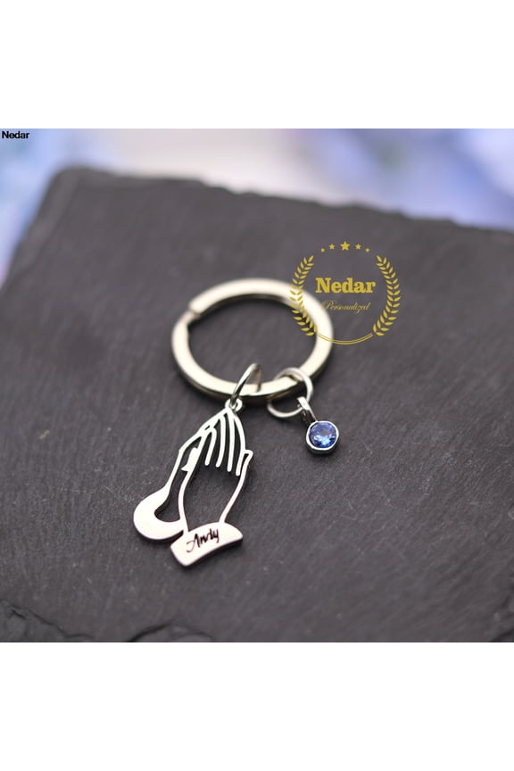 Customized Praying Hands Keychain Stainless Steel Personalized Birthstone Engraved Nameplate Custom Name Keyrings Gifts