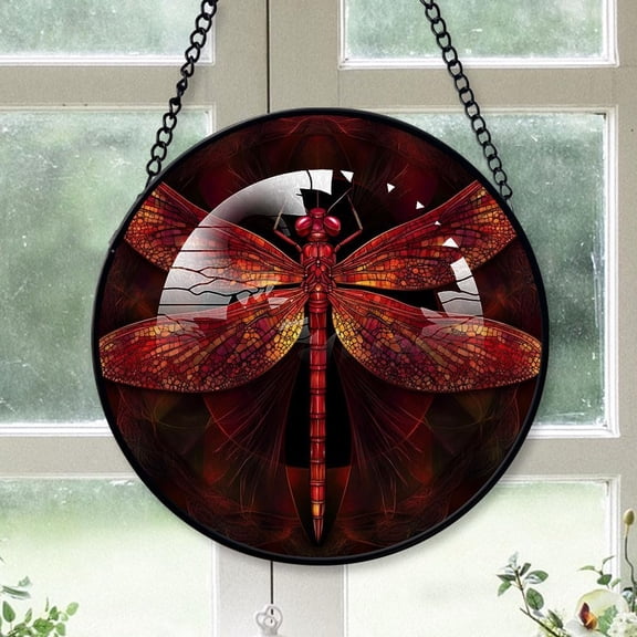 Customized Red Dragonfly Stained Glass Window Hangings, Red Dragonfly Colorful Glass Panel Pretty Gifts, Red Dragonfly Decoration for Home Garden Christmas uozY1W (Red Dragonfly 17)