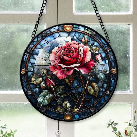 Customized Rose Stained Glass, Rose Glass Panel Sun Catchers Pretty Gifts, Rose Decoration for Home Garden Christmas Party Wedding 2Qew3b (Rose 14)
