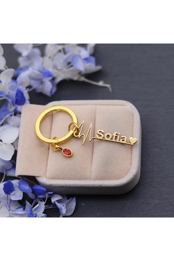 Customized Stainless Steel Heartbeat Lightning Lover Heart Keychain Custom Name Birthstone Nameplate Keyring Birthday Party Gift