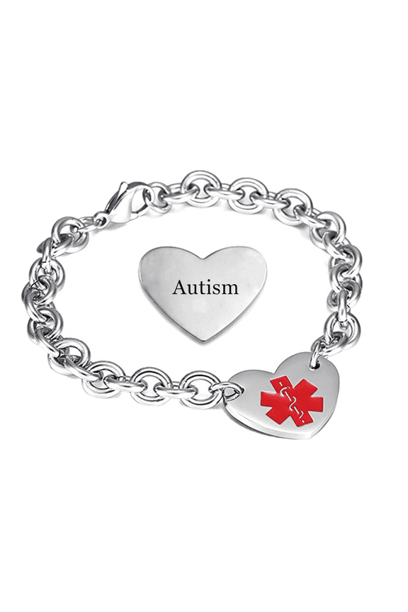 Customized Stainless Steel Medical Alert ID Heart Bracelet for Women Personalized Name ICE Disease Allergy Awareness Identification Jewelry for Emergency, 8.46 inch, with Aid Bag