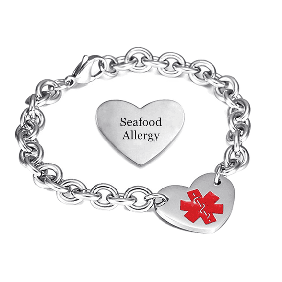 Customized Stainless Steel Medical Alert ID Heart Bracelet for Women Personalized Name ICE Disease Allergy Awareness Identification Jewelry for Emergency, 8.46 inch, with Aid Bag
