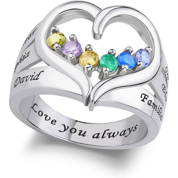 Customized Sterling Silver Ring for Women Adorned with 1-8 Birthstones Heart-Shaped Design Hand-Etched Names A Timeless Treasure Gift for Mom Grandma Wife Treasured on Mother's Day Christmas Birthday