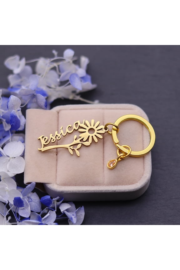 Customized Sunflower Nameplate Keychain Custom Number Name Birthstone Keyring DIY Stainless Steel Flower Key Chain Birthday Gift